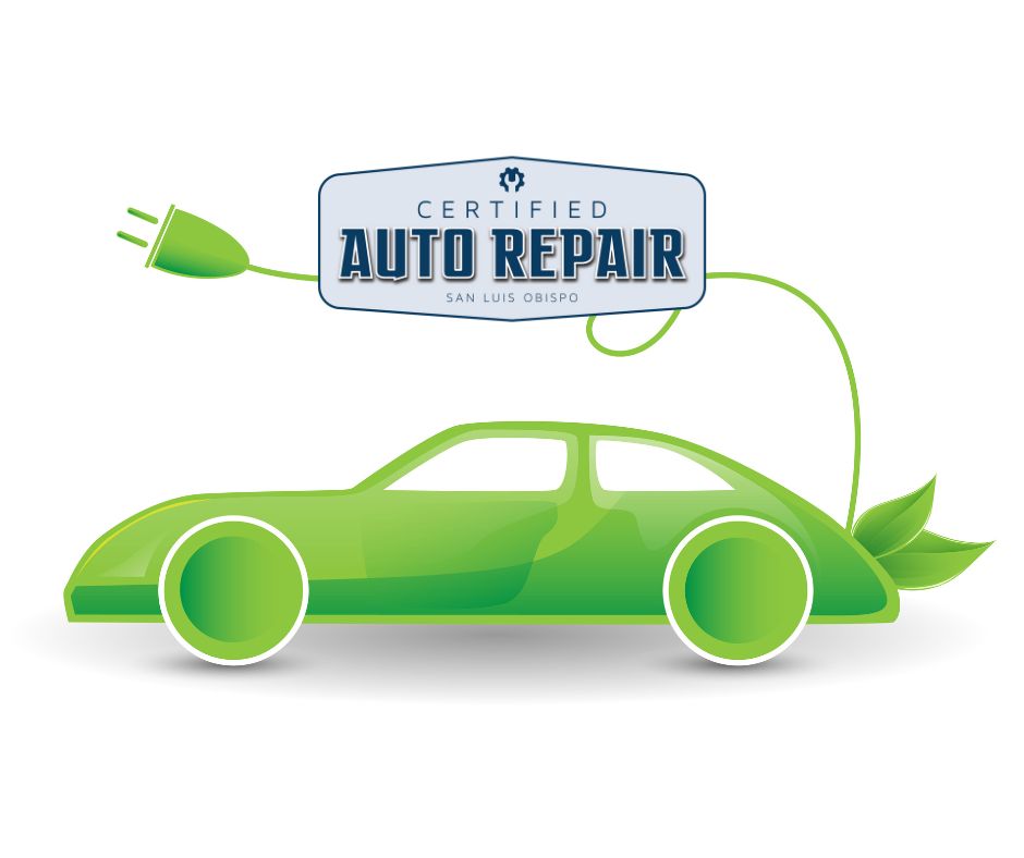 A green car with the Certified Auto Repair logo in dark blue block writing inside a gray badge.